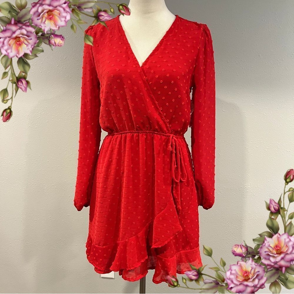 Altar’d State Elegant long sleeve Red fake Wrap Dress size small‎